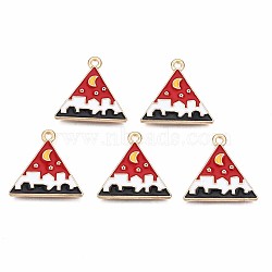 Alloy Enamel Pendants, Cadmium Free & Lead Free, Light Gold, Triangle with Moon, FireBrick, 19x20x1.5mm, Hole: 1.5mm(ENAM-S121-170A-RS)