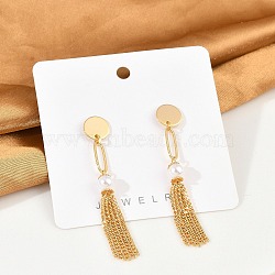 Brass ABS Plastic Pearl Tassel Stud Earrings, Oval, Real 18K Gold Plated, 64.5x10mm(EJEW-U040-10G)