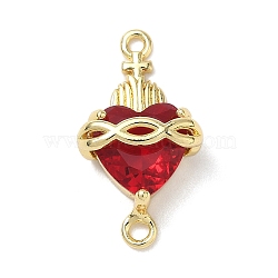 Brass with Glass Dark Red Sacred Heart Connector Charms, Lead Free & Cadmium Free, Long-Lasting Plated, Rack Plating, Real 18K Gold Plated, 24x13x8mm, Hole: 1.5mm(X-KK-L253-27G-01)