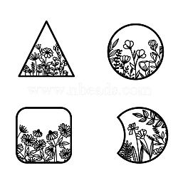 MDF Wood Wall Art Decorations, Home Hanging Ornaments, Flat Round/Triangle/Square/Gibbous Moon, Flower Pattern, 300x270~300mm, 4pcs/set(HJEW-WH0049-018)
