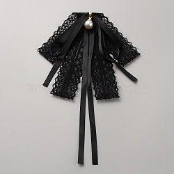 Bowknot Polyester Gauze Brooch, with Alloy & Plastic Pearl Findings, Black, 205x137x22mm(AJEW-WH20006-14A)