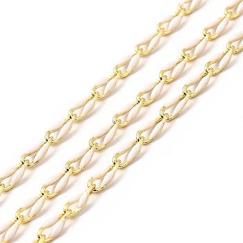 Brass Enamel Curb Chains, Soldered, with Spools, Real 18K Gold Plated, White, 7x3x1.7mm