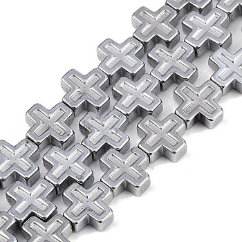 Electroplated Synthetic Non-magnetic Hematite Beads Strands, Cross, Platinum Plated, 8.5x8.5x3mm, Hole: 0.7mm, about 47pcs/strand, 15.91''(40.4cm)