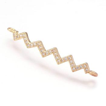 Brass Micro Pave Cubic Zirconia Links, Real 18K Gold Plated, Wave, 5x35x2mm, Hole: 1mm