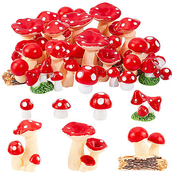 AHADEMAKER 124Pcs 7 Style Mini Resin Figurines, Imitation Mushroom, for Dollhouse, Showcase & Photography Props, Red, 11~29x8~31x8~22mm