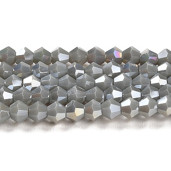 Opaque Solid Color Electroplate Glass Beads Strands, AB Color Plated, Faceted, Bicone, Gray, 4x4mm, Hole: 0.8mm, about 82~85pcs/strand, 12.01~12.2 inch(30.5~31cm)