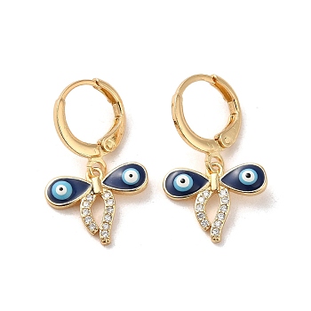 Evil Eye Real 18K Gold Plated Brass Dangle Leverback Earrings, with Enamel and Cubic Zirconia, Bowknot, 25x15mm
