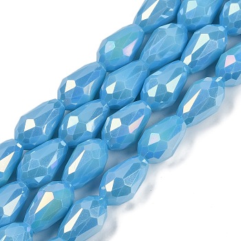 Opaque Solid Color Electroplate Glass Beads Strands, AB Color Plated, Faceted, Teardrop, Light Sky Blue, 15x10mm, Hole: 1.6mm, about 46~48pcs/strand, 27.95 inch(71cm)