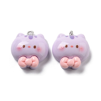 Opaque Resin Pendants, Cartoon Charms, Cat Shape with Bowknot, 22.5x21x8.5mm, Hole: 2mm