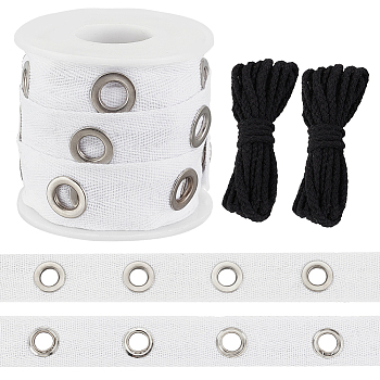 5 Yards Cotton Ribbons with Platinum Tone Iron Eyelet Rings, and 2 Bundles Black Cotton Thread, for Garment Accessories, Mixed Color, 3/4 inch(19mm)