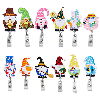 Festival Theme Cartoon Dwarf Badge Reels, Halloween/Easter/Christmas Gnome Polyester & ABS Plastic Retractable Badge Holder, Mixed Color, 136~160mm, 12 style, 1pc/style, 12pcs/set