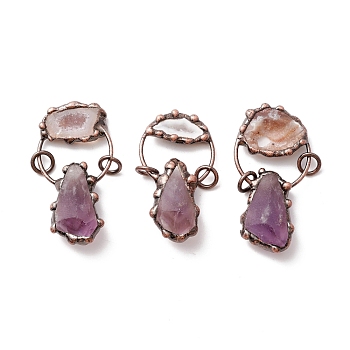 Natural Amethyst and Druzy Agate Big Pendants, with Tin Findings, Lead & Nickel & Cadmium Free, Nuggets, Red Copper, 45~60x28~30x13.5~17mm