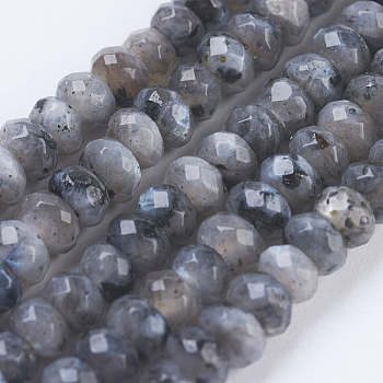Natural Larvikite Beads Strands, Faceted, Rondelle, 4~4.5x2~2.5mm, Hole: 1mm, about 150pcs/strand, 15.1  inch~15.3 inch(38.5~39cm)