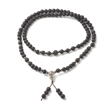 Natural Lava Rock & Cubic Zirconia Beaded Necklace, Oil Diffuser Aromatherapy Prayer Beads Necklace, Calabash Beads Lucky Buddhist Necklace, Black, 27.24 inch(69.2cm)