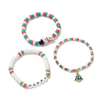3Pcs 3 Styles Polymer Clay Heishi Surfer Stretch Bracelets Set, Christmas Tree Alloy Enamel Charms Stackable Bracelet with Snowman Beaded for Women, Mixed Color, Inner Diameter: 2-1/8~2-1/4 inch(5.3~5.8cm), 1Pc/style