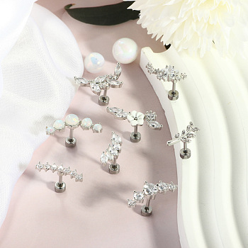 8Pcs 8 Styles Brass Micro Pave Clear Cubic Zirconia and Acrylic Cartilage Earrings, with 316 Surgical Stainless Steel Pin and 304 Stainless Steel Ear Nuts, Flower & Leaf, Stainless Steel Color, 6mm, Pin: 1.2mm, Head: 4mm, 1pc/style