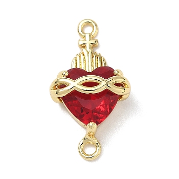 Brass with Glass Dark Red Sacred Heart Connector Charms, Lead Free & Cadmium Free, Long-Lasting Plated, Rack Plating, Real 18K Gold Plated, 24x13x8mm, Hole: 1.5mm