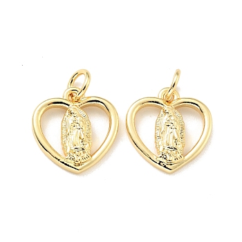 Eco-friendly Brass Pendants, with Jump Ring, Cadmium Free & Lead Free, Heart with Saint, Real 18K Gold Plated, 13x12.5x2.7mm, Hole: 3mm