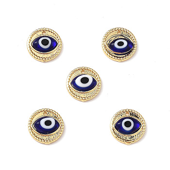 Handmade Lampwork Evil Eye Pendants, with Real 18K Gold Plated Brass Findings, Lead Free & Cadmium free, Flat Round Charm, Dark Blue, 14.5x4mm, Hole: 1mm