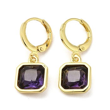Real 18K Gold Plated Brass Dangle Leverback Earrings, with Square Glass, Purple, 25.5x10.5mm