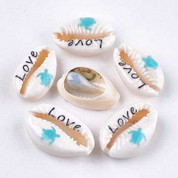 Printed Cowrie Shell Beads, No Hole/Undrilled, Sea Turtle & Love, Dark Turquoise, 18~23x11~14x6.5~8mm