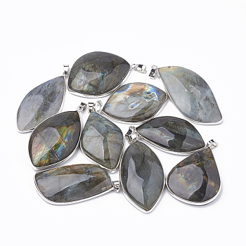 Natural Labradorite Pendants, with Platinum Tone Iron Brass Findings, Nuggets, 45~60x25~35x8~11mm, Hole: 3.5x7mm