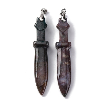 Natural Indian Agate Big Pendants, Sword Charms, with Rack Plating Platinum Tone Brass Snap on Bails, Lead Free & Cadmium Free, 69.5x14.5x12.5mm, Hole: 6x4mm