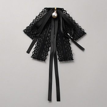 Bowknot Polyester Gauze Brooch, with Alloy & Plastic Pearl Findings, Black, 205x137x22mm