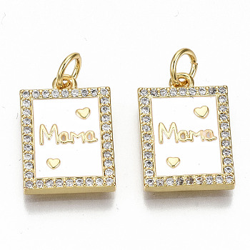 Real 16K Gold Plated Brass Micro Pave Clear Cubic Zirconia Pendants, with Jump Rings and Enamel, for Mother's Day, Nickel Free, Rectangle with Word Mama, White, 16.5x11.5x2mm, Jump Ring: 5x0.8mm, 3.4mm inner diameter