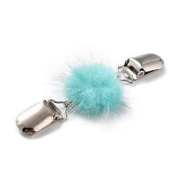 Vintage Alloy Cardigan Clips, with Faux Mink Fur Covered Round Beads, Sweater Collar Clip, Platinum, Cyan, 110mm