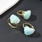 Natural Hemimorphite Finger Rings, Heart, with Rack Plating Brass Findings, Golden, 16.5x18mm, Inner Diameter: 18mm(RJEW-Z124-01G)