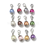 Glass Pearl Round Bead Pendant Decoration, with Zinc Alloy Lobster Claw Clasps, Iron Flat Head Pins and Alloy Bead Caps, Mixed Color, 26mm(HJEW-PH01416)