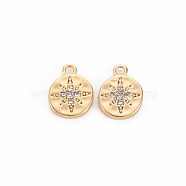 Brass Micro Pave Clear Cubic Zirconia Charms, Nickel Free, Flat Round with Star, Real 18K Gold Plated, 10x7.5x1.5mm, Hole: 1.2mm(KK-S356-458-NF)