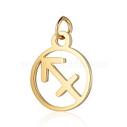 201 Stainless Steel Charms, with Jump Rings, Polished, Flat Round with Constellation, Golden, Sagittarius, 13x11x1mm, Hole: 2.5mm(STAS-T036-T513-9)