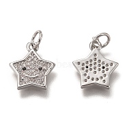 Brass Micro Pave Clear Cubic Zirconia Charms, Cadmium Free & Lead Free, Long-Lasting Plated, Star with Smiling Face, Platinum, 13x11x1.5mm, Hole: 3mm(ZIRC-B002-52P)