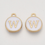 Golden Plated Alloy Charms, Cadmium Free & Lead Free, with Enamel, Enamelled Sequins, Flat Round with Letter, White, Letter.W, 14x12x2mm, Hole: 1.5mm(X-ENAM-S118-01W)