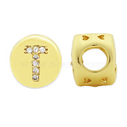 Brass Micro Pave Clear Cubic Zirconia Beads, Flat Round with Letter, Letter.T, 7.5x6.5mm, Hole: 3.5mm, 3pcs/bag(KK-T030-LA843-TX3)