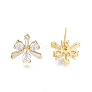 Clear Cubic Zirconia Flower Stud Earrings, Brass Jewelry for Women, Nickel Free, Real 18K Gold Plated, Clear, 13x12.5mm, Pin: 0.7mm(EJEW-N014-20)