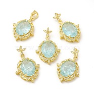 Rack Plating Brass & Crushed Ice Cut Cubic Zirconia Pendants, with Rhinestone, Real 14K Gold Plated, Cadmium Free & Lead Free, Oval with Leaf Charm, Light Cyan, 28.5x22x7mm, Hole: 7x4mm(KK-H438-02G-04)