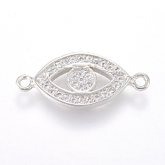 Brass Micro Pave Cubic Zirconia Links, Clear, Real Platinum Plated, Evil Eye, 9.5x21x2mm, Hole: 1mm(ZIRC-L068-18P)