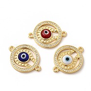 Rack Plating Real 18K Gold Plated Brass Micro Pave Clear Cubic Zirconia Connector Charms, Flat Round Links with Evil Eye, with Handmade Lampwork, Cadmium Free & Lead Free, Long-Lasting, Mixed Color, 24x18.5x3.5mm, Hole: 1.5mm(ZIRC-L102-03G)