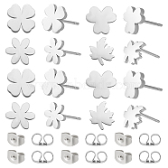 DICOSMETIC 40Pcs 4 Style Clover & Flower & Leaf 304 Stainless Steel Stud Earrings with 50Pcs Ear Nuts, Stainless Steel Color, 8~8.5x7.5~9mm, Pin: 1mm, 10Pcs/style(EJEW-DC0001-18)