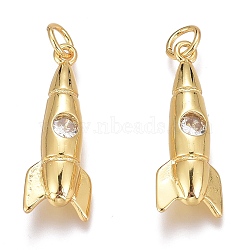 Brass Micro Pave Clear Cubic Zirconia Pendants, Long-Lasting Plated, Rocket, Real 18K Gold Plated, 23x8.5x5mm, Hole: 3mm(ZIRC-O035-23G)