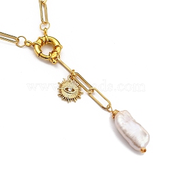 Natural Baroque Pearl Keshi Pearl Lariat Necklaces, with Brass Paperclip Chains and Alloy Rhinestone Pendant, Sun with Eye, Golden, 18.90 inch(48cm), pearl: 13~20mm long, 6~10mm wide(NJEW-JN03042-01)