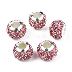 Handmade Polymer Clay Rhinestone European Beads, with Silver Tone CCB Plastic Double Cores, Large Hole Beads, Rondelle, Rose, 12.5~13x10mm, Hole: 4.5mm(RB-N053-001-01)