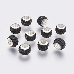 304 Stainless Steel European Beads, with Polymer Clay Rhinestone, Large Hole Beads, Rondelle, Jet, 11x7.5mm, Hole: 5mm(CPDL-E045-A07)