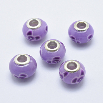 Handmade Polymer Clay European Beads, with Silver Color Plated Brass Cores, Large Hole Beads, Rondelle with Flower Pattern, Medium Purple, 13~16x8~11mm, Hole: 4.5~5mm