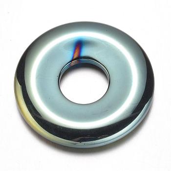 Electroplate Non-magnetic Synthetic Hematite Pendants, Donut/Pi Disc, Green Plated, Donut Width: 13.5mm, 41x5.5mm, Hole: 14mm