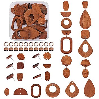 DIY Geometry Drop Earring Making Kits, Including Oval & Fan & Flower & Square & Teardrop Walnut Wood Stud Earring Findings & Pendants, Saddle Brown, 68pcs/box