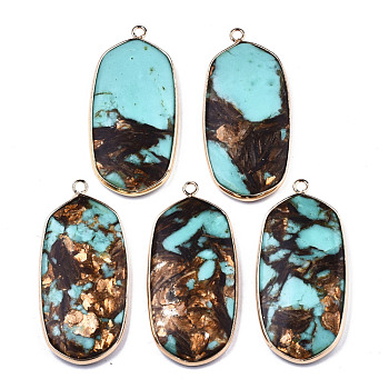 Assembled Natural Bronzite and Synthetic Turquoise Pendants, with Light Gold Plated Brass Edge and Loop, Oval, Turquoise, 49.5x23x5mm, Hole: 2mm